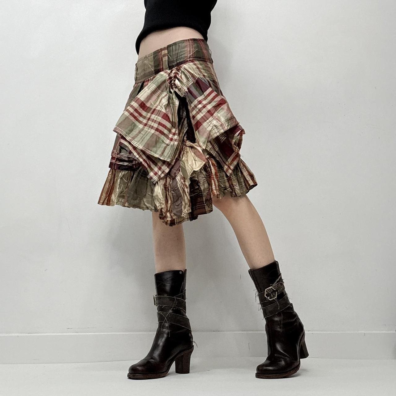 Checked tartan asymmetric ruffle layered skirt
