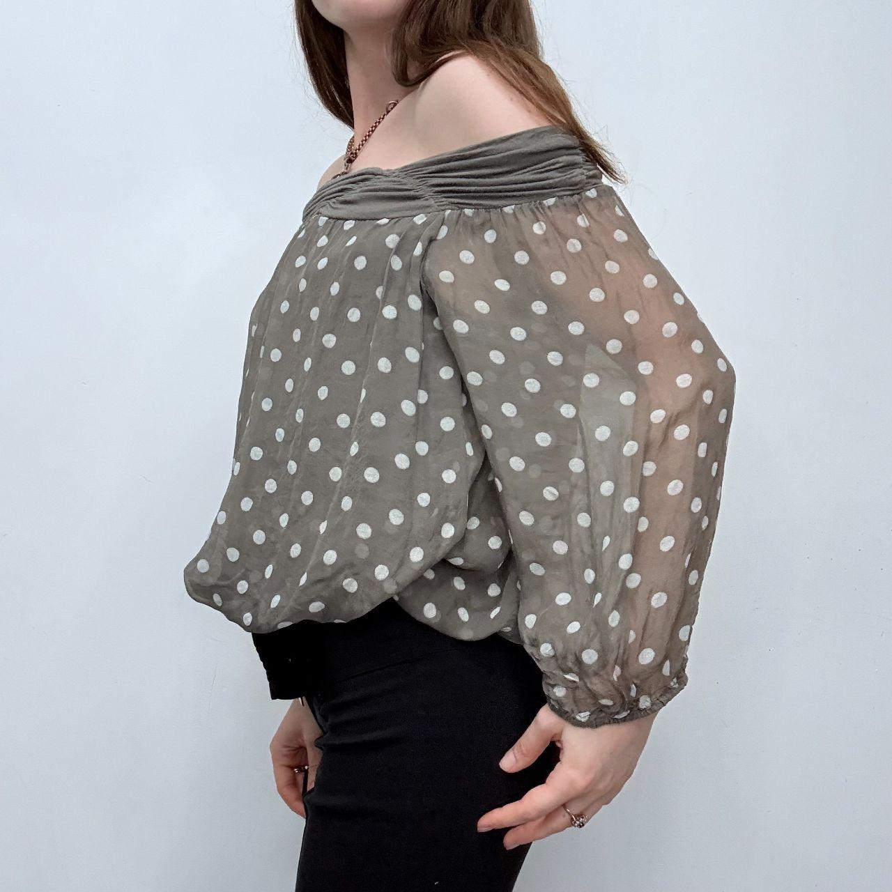 Slouchy off the shoulder polka dot shirt