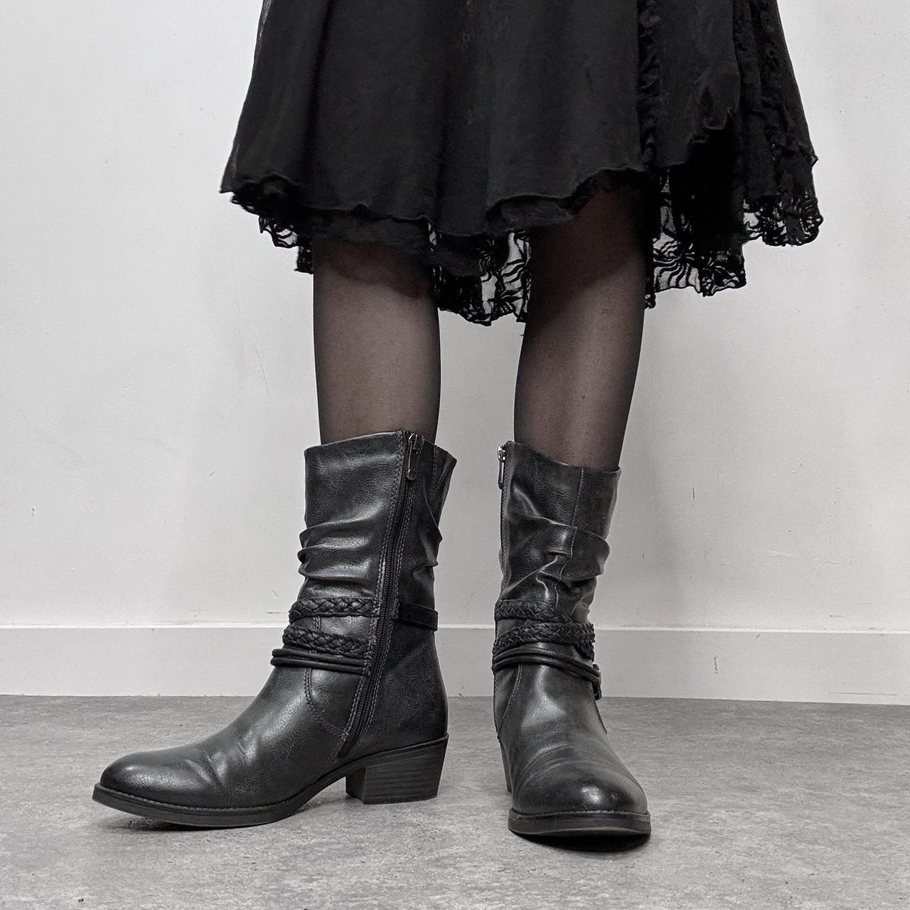 Black leather buckle biker boots