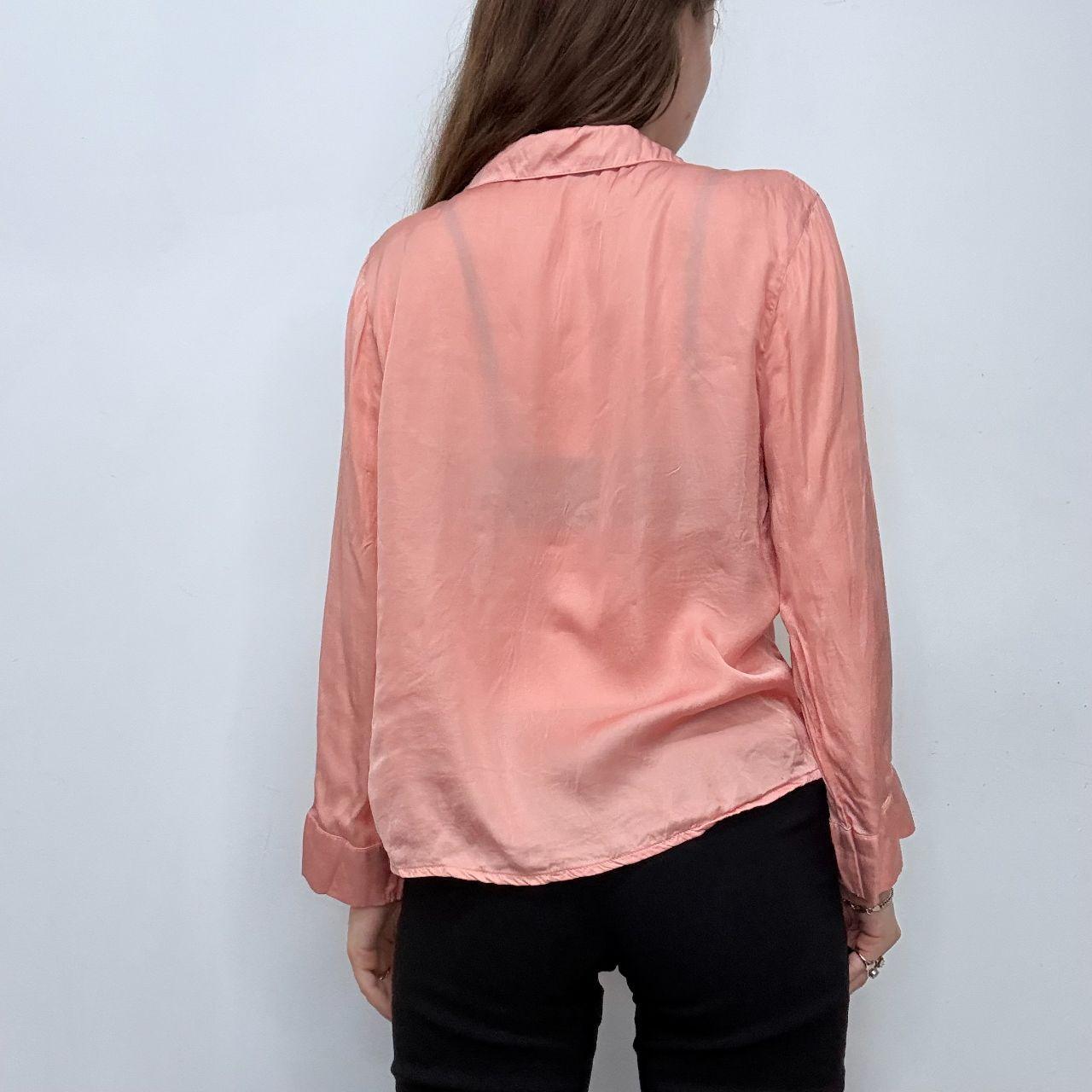 Pink silky satin wrap button shirt