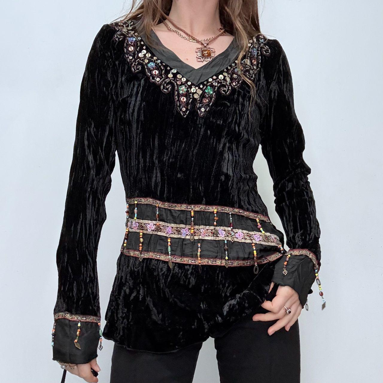 Black crinkle velvet boho flare top