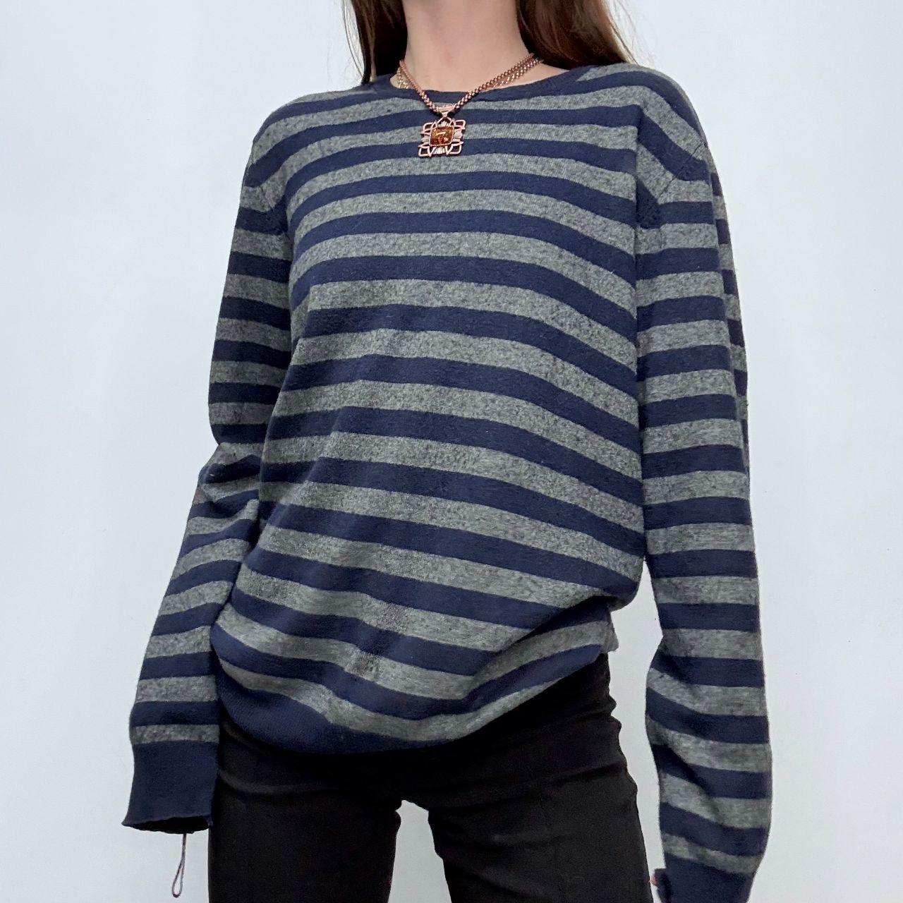 Grey navy striped wool knit oversized jumper