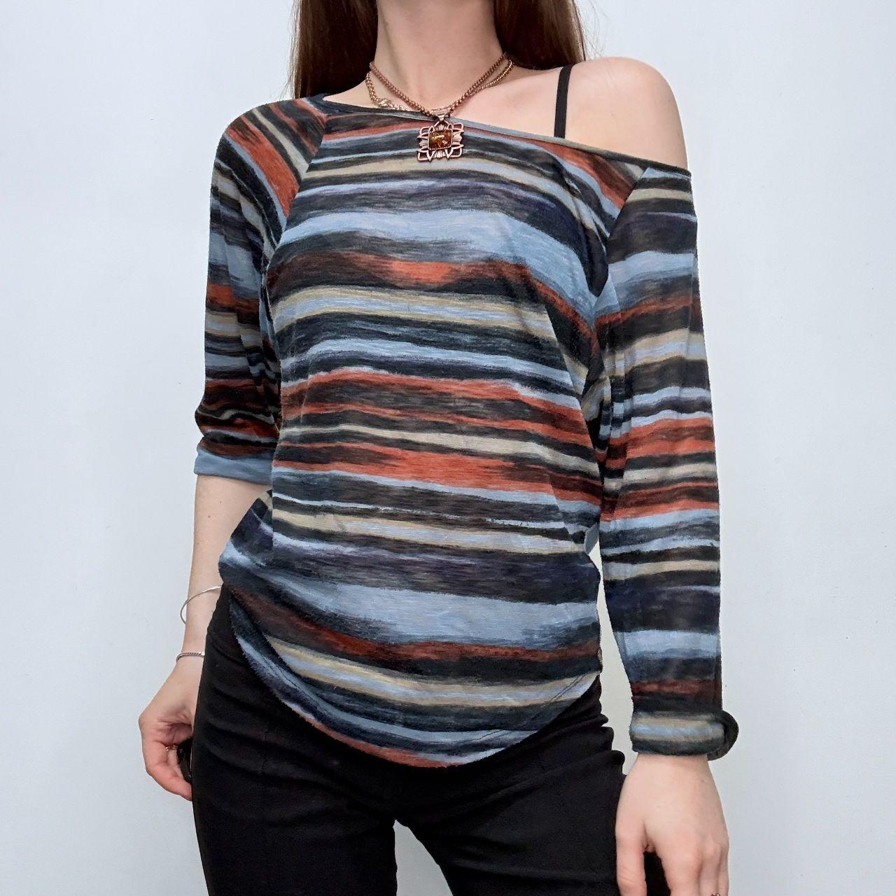 Distressed stripe slouchy sheer top