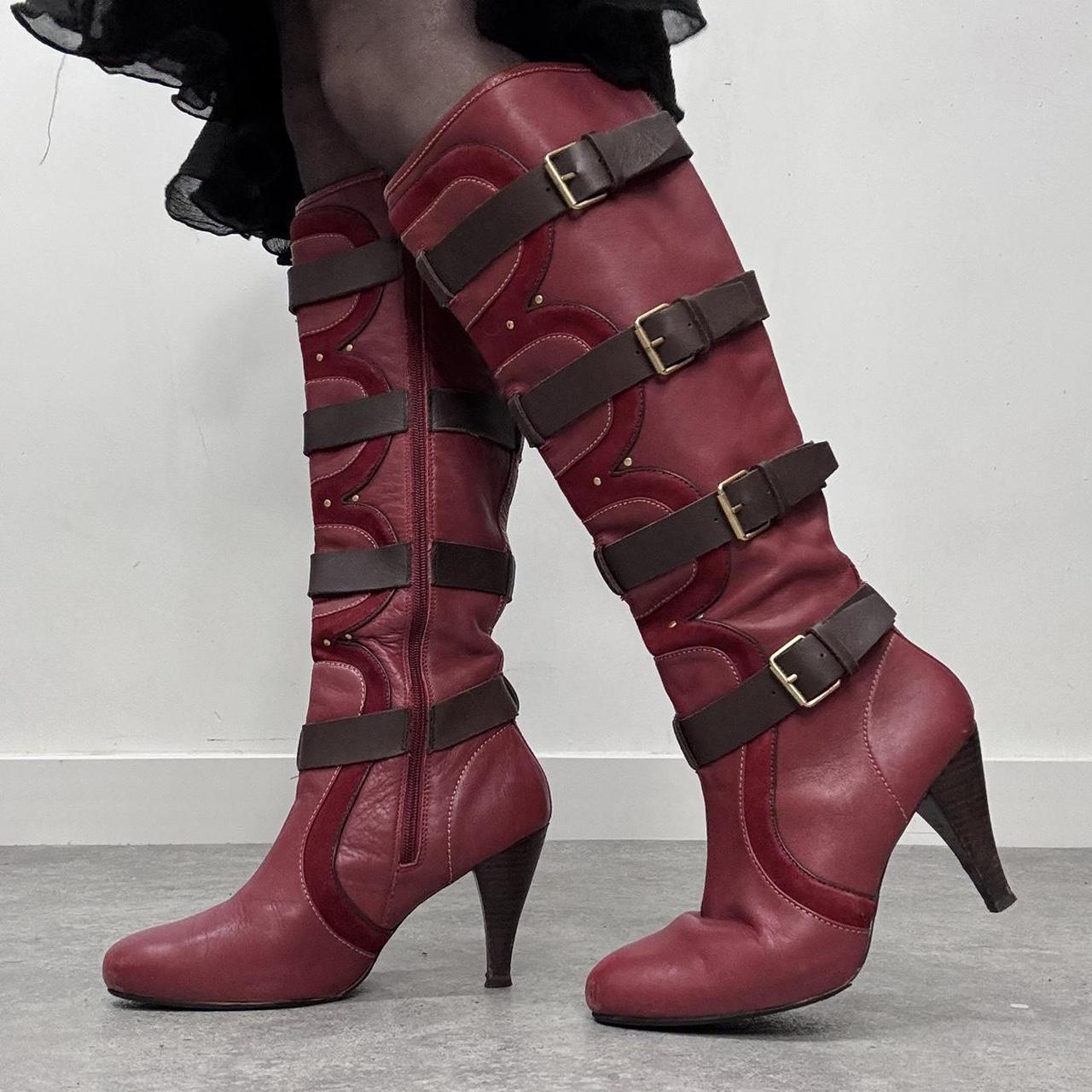 Red leather heel buckle boots