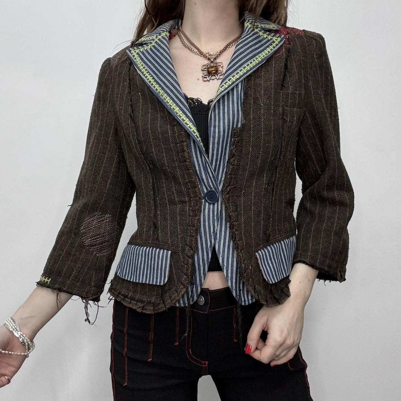 Brown pinstripe distressed layered jacket