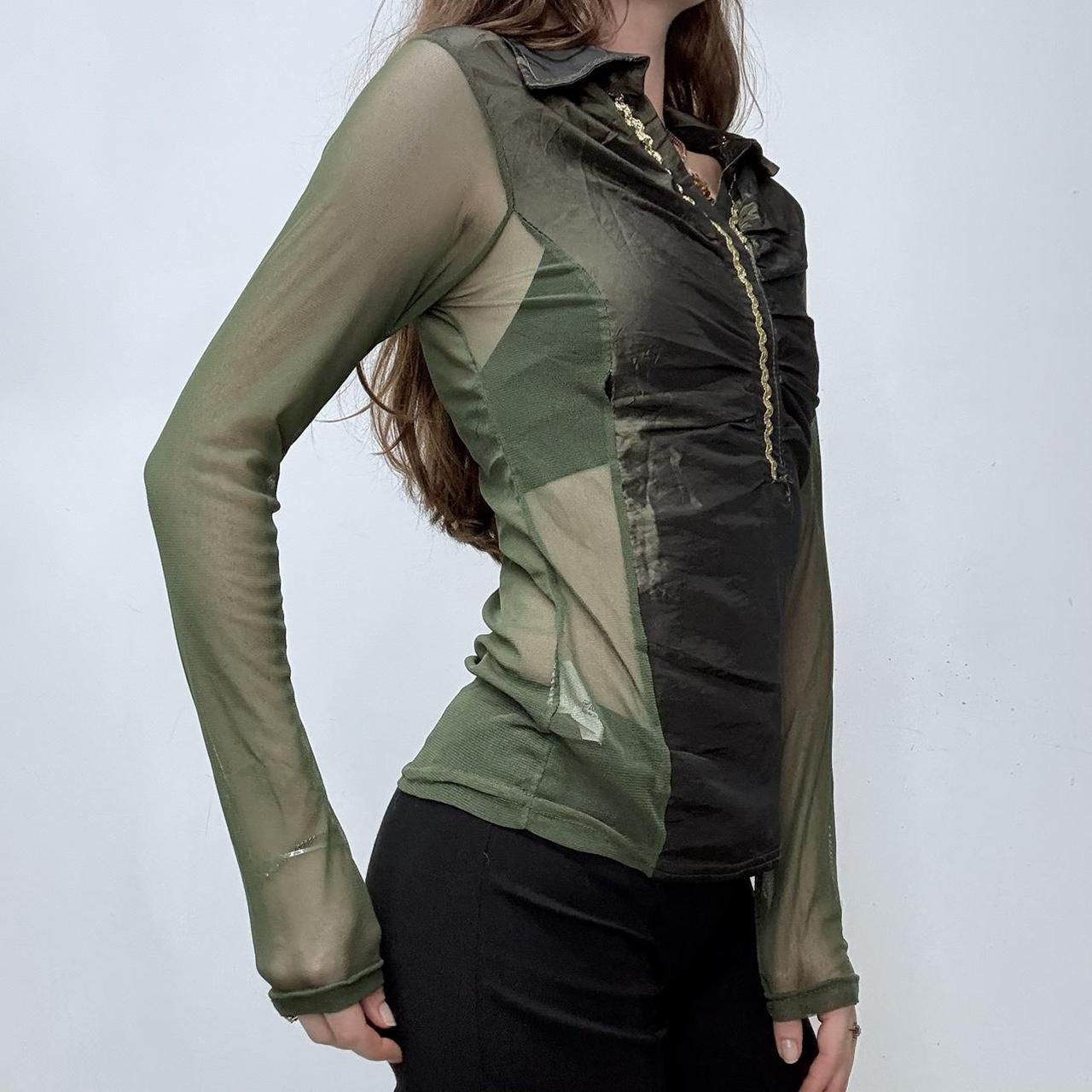 Khaki green gathered mesh shirt