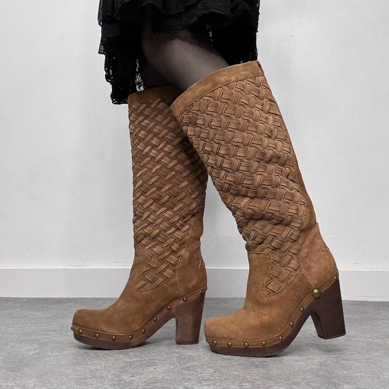 Tan suede woven leather stud clog boots