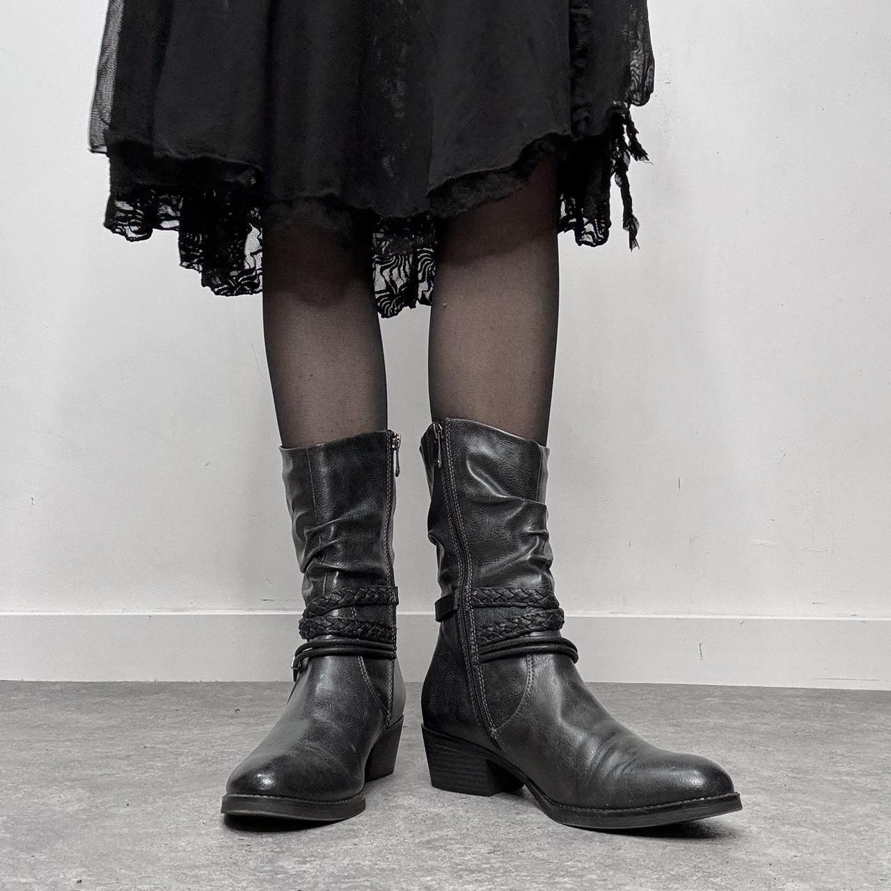 Black leather buckle biker boots