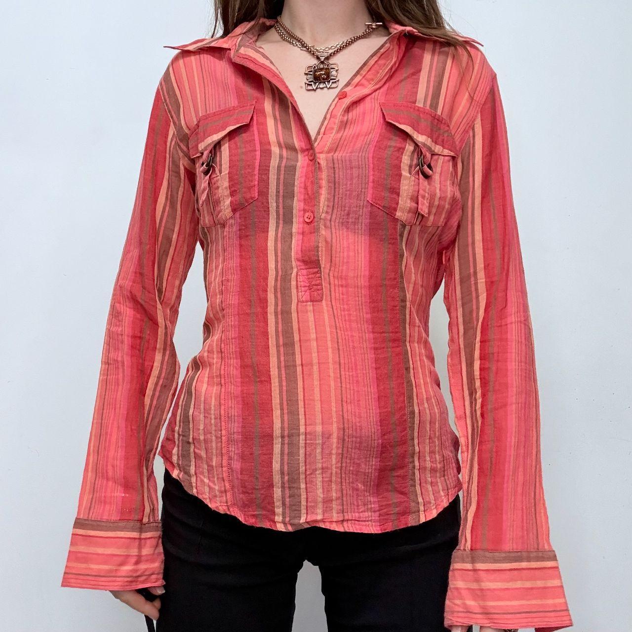 Pinstripe sheer flared cargo shirt