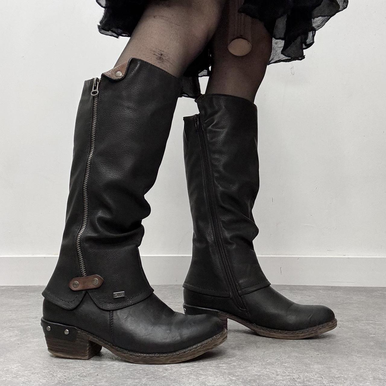 Chunky black leather biker boots