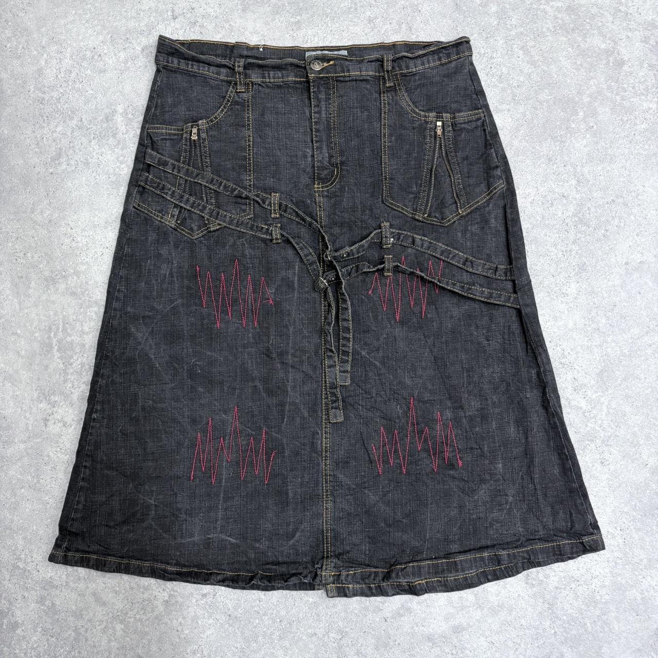 Distressed denim grunge midi skirt