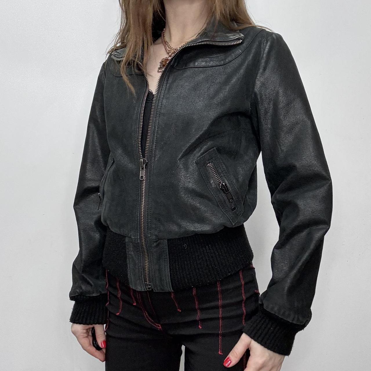 Black leather cropped bomber jacket
