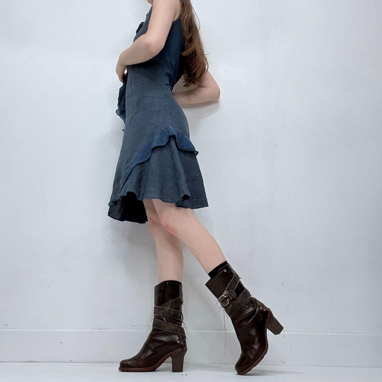 Blue linen flutter flared midi dress
