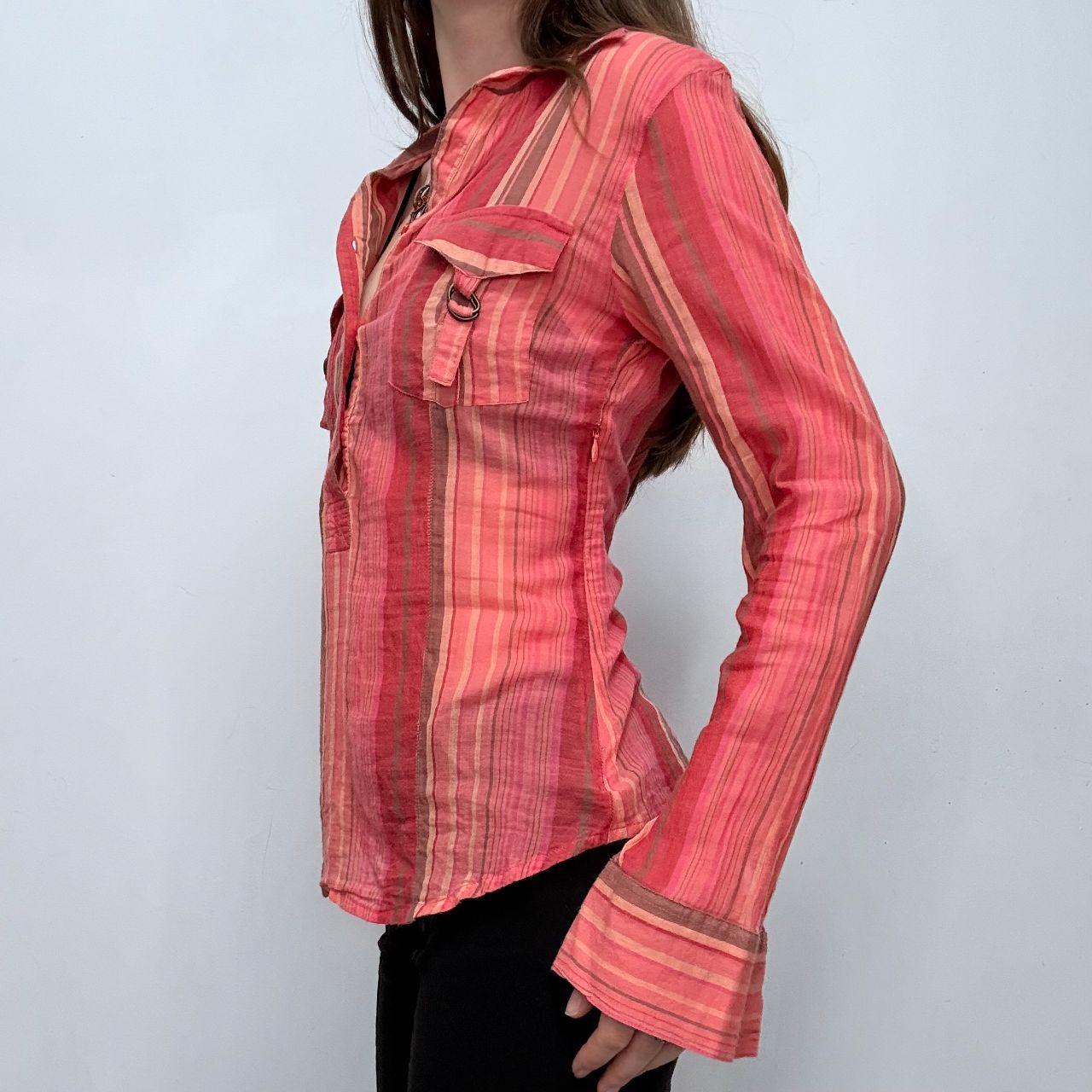 Pinstripe sheer flared cargo shirt