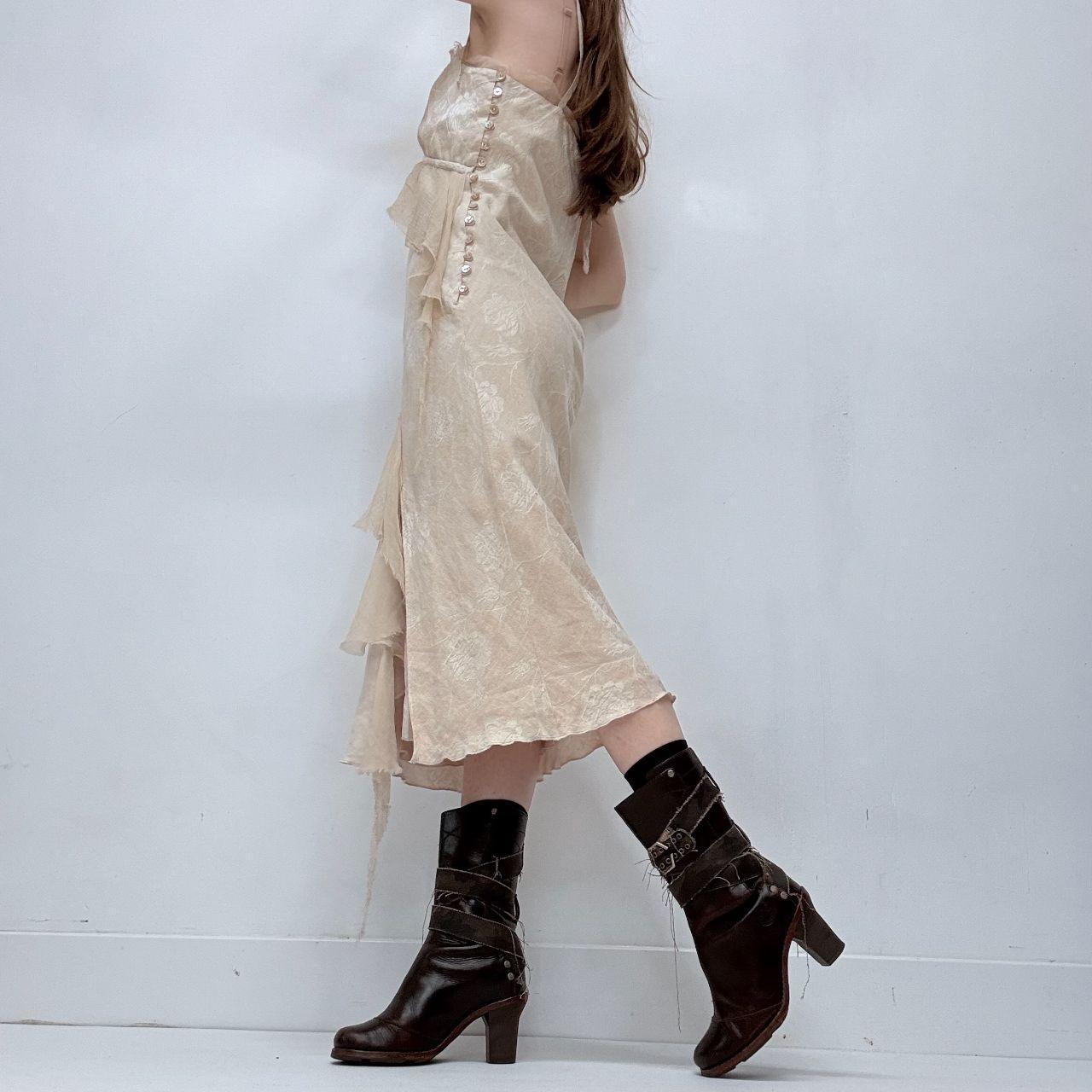 Asymmetric tan flutter midi dress