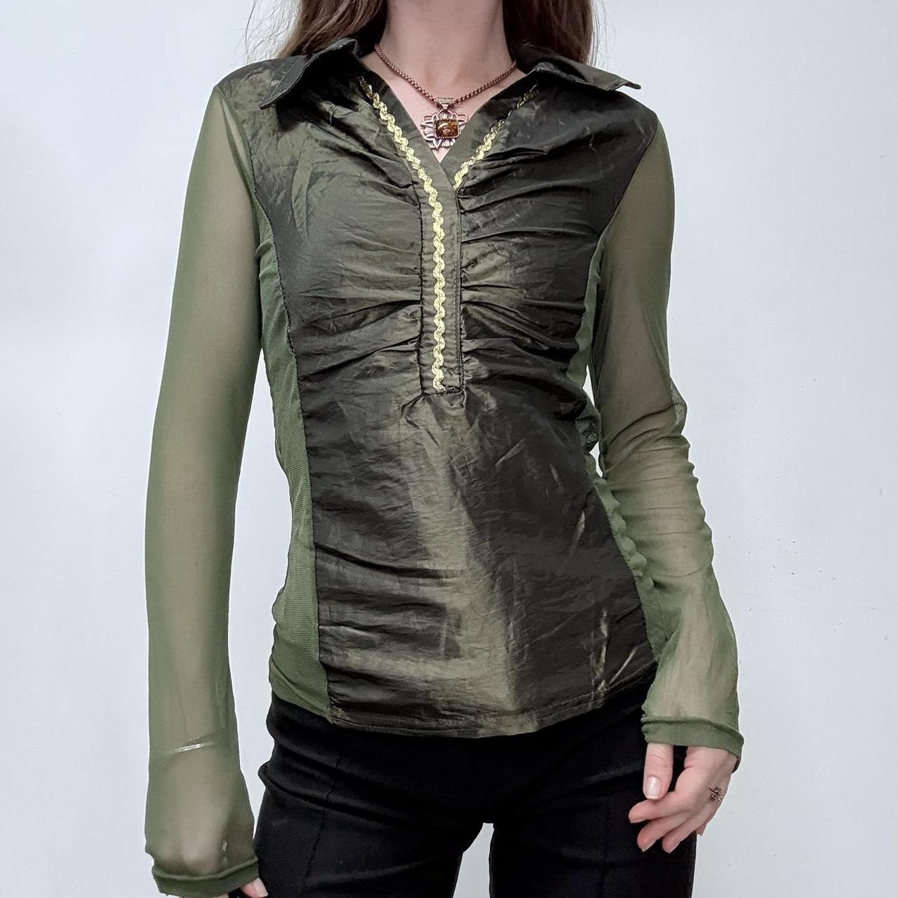 Khaki green gathered mesh shirt