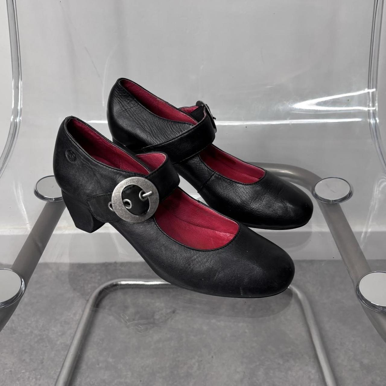Black leather buckle heel mary janes