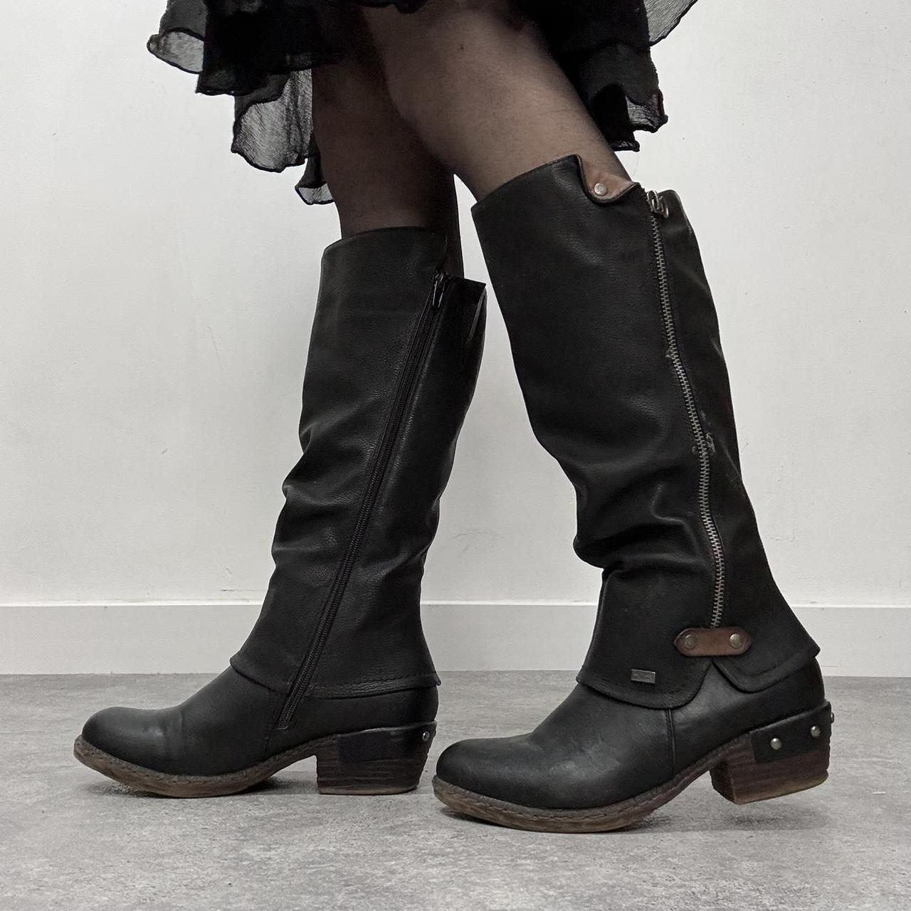 Chunky black leather biker boots