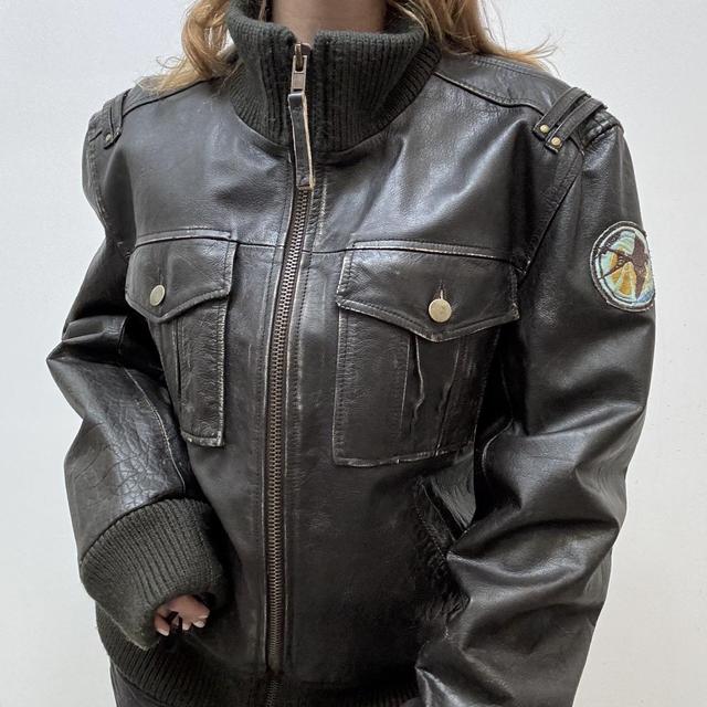 Oversized brown leather jacket