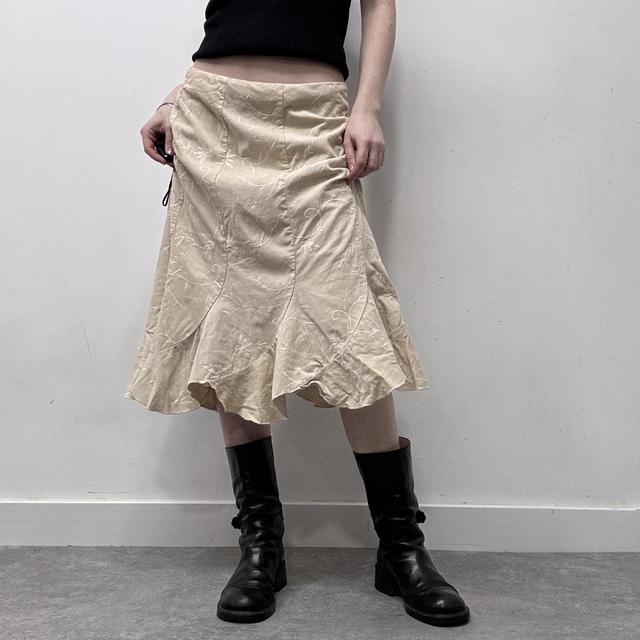 Tan flared embroidered midi skirt