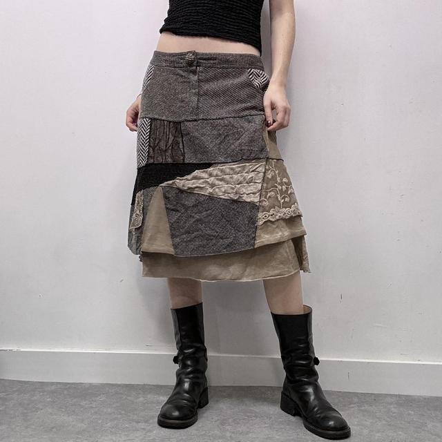 Tweed lace layered patchwork midi skirt