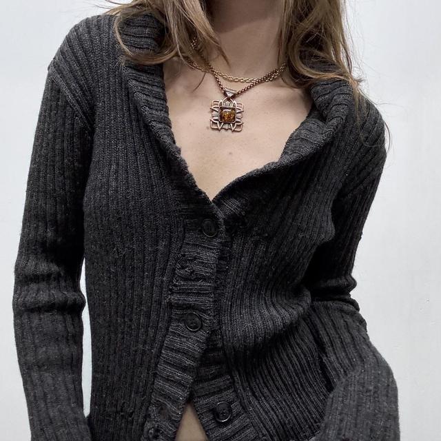Dark grey slouchy ribbed knit cardigan