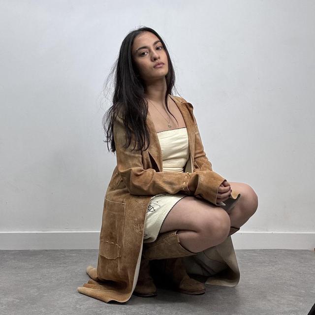 Tan suede long leather jacket