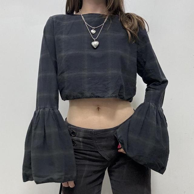Cropped reworked tartan bell flared crop top
