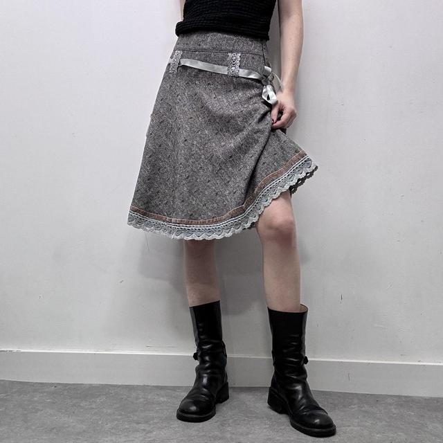 Grey tweed preppy flared lace midi skirt