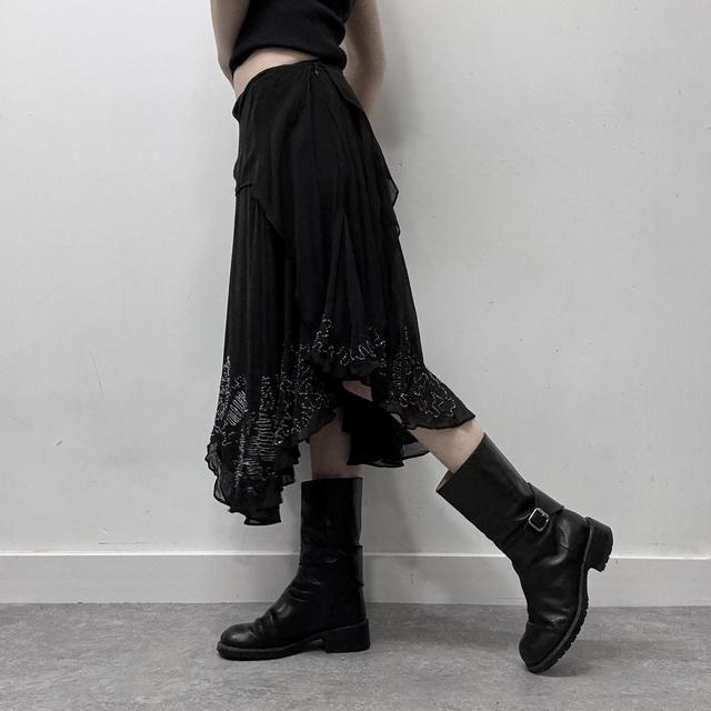 Flared layered beaded silk drape skirt