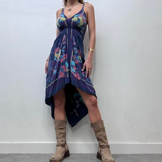 Printed silk handkerchief asymmetric dress