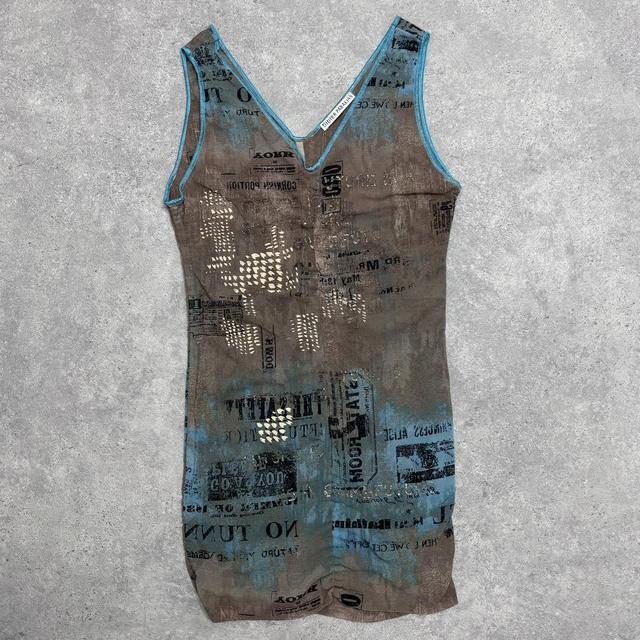 Sheer mesh brown graphic printed mini dress