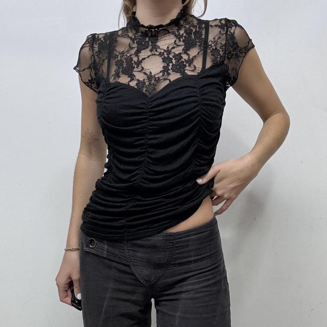 Black lace ruched corset shirt