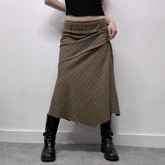 Khaki checked tartan patchwork midi skirt