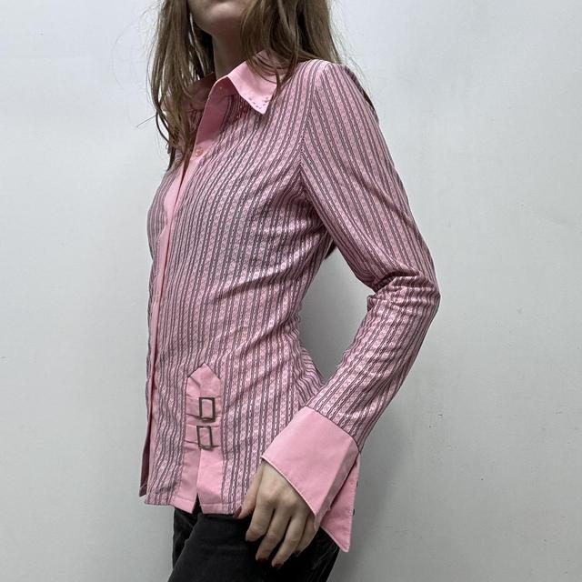 Pink pinstriped flared buckle shirt