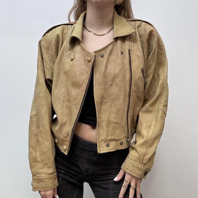 Cropped tan leather biker jacket