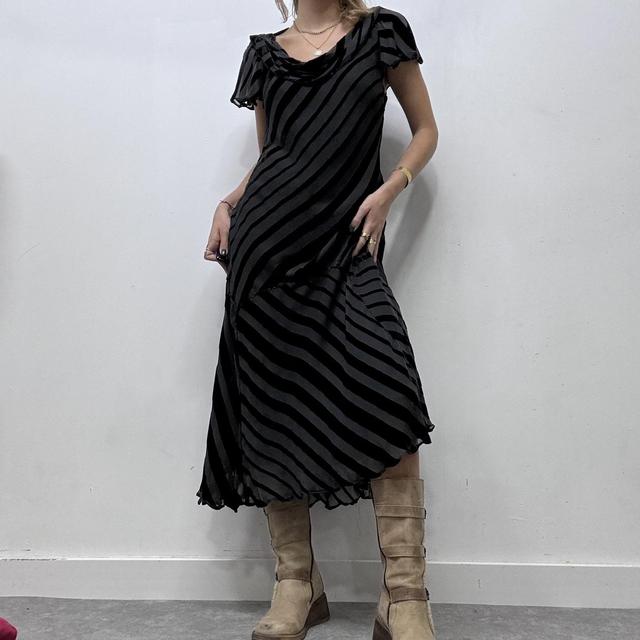 Black bias cut striped velvet maxi dress
