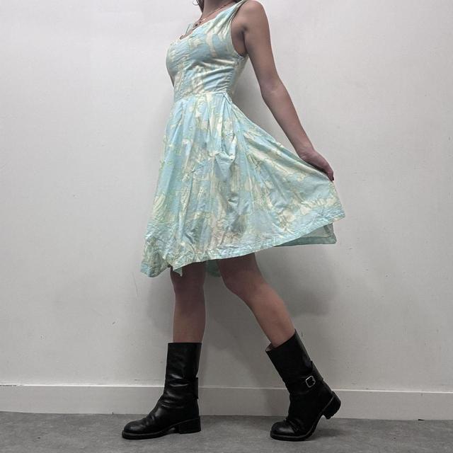 Blue graphic printed balloon puff midi dress