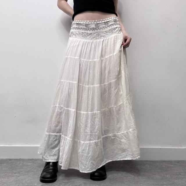 White flared embroidered maxi skirt