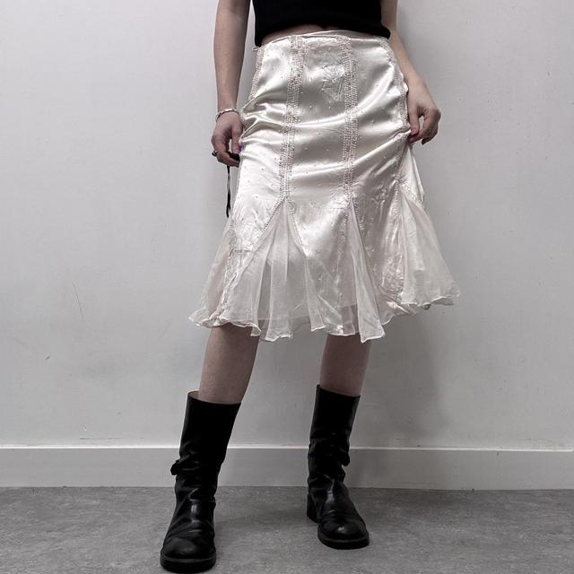 White flared flutter beaded midi skirt
