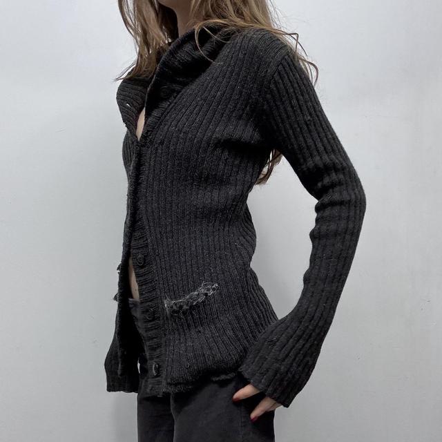 Dark grey slouchy ribbed knit cardigan