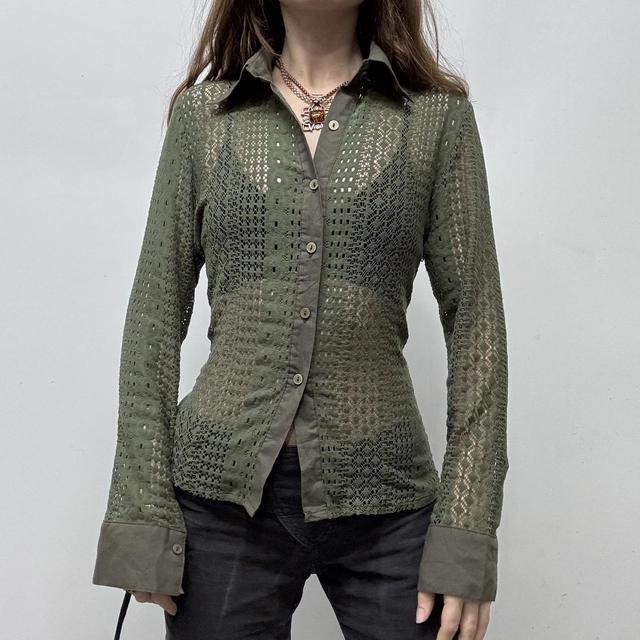 Khaki lace sheer fitted shirt