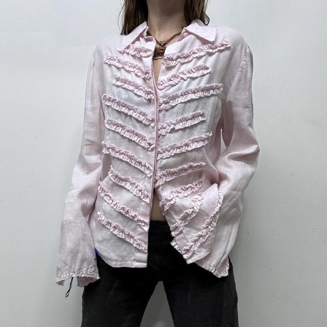 Pink flared distressed ruffle shirt