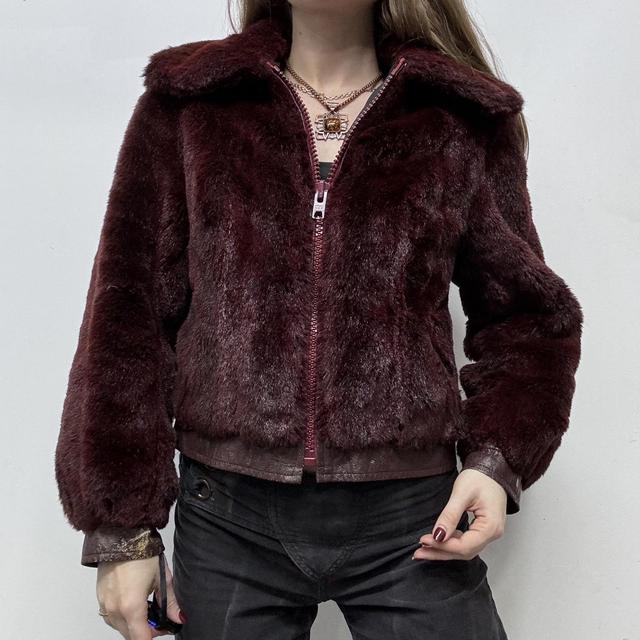 Red burgandy cropped fur jacket