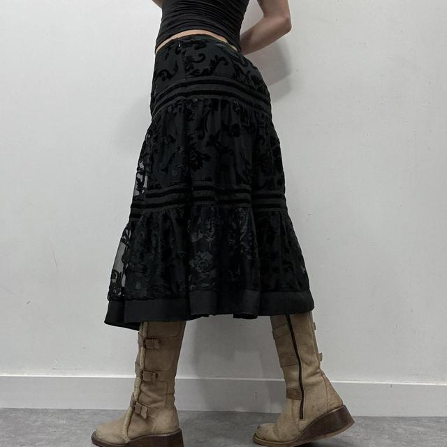 Black tiered velvet floral patterned midi skirt