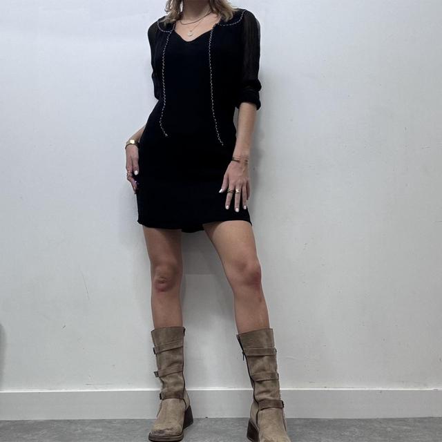 Black crinkle silk bow neck mini dress