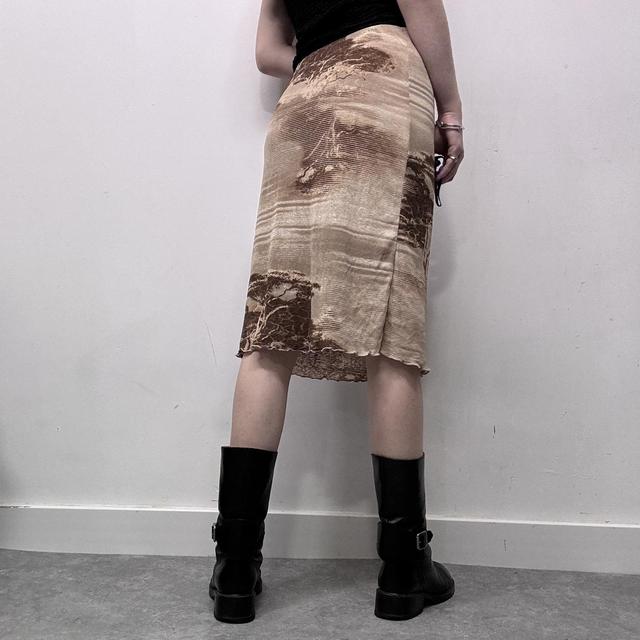 Brown graphic printed mesh midi skirt