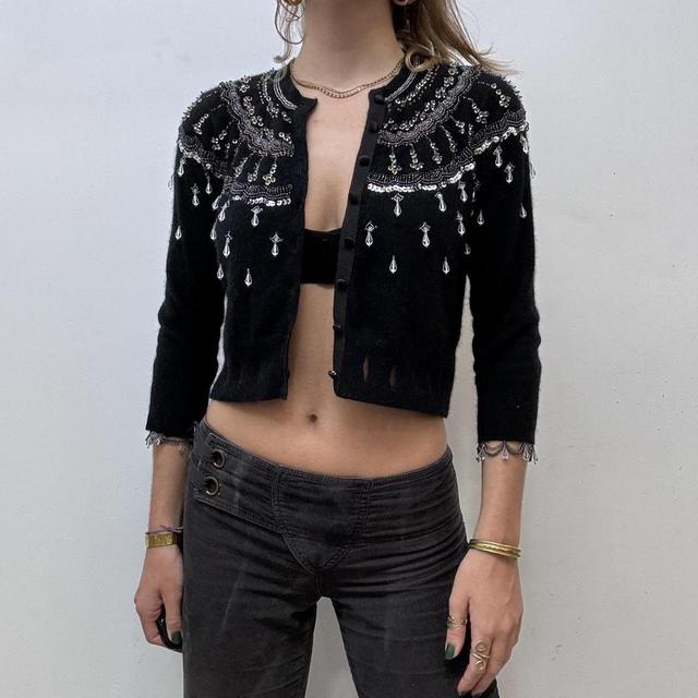 Black cropped beaded cardigan