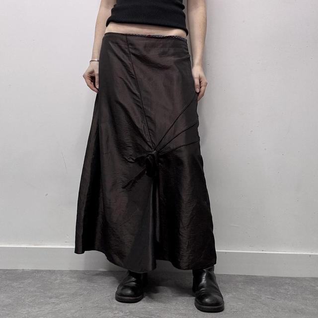 Brown satin layered asymmetric maxi skirt