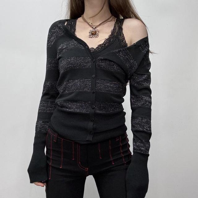 Black striped slouchy wide neck cardigan
